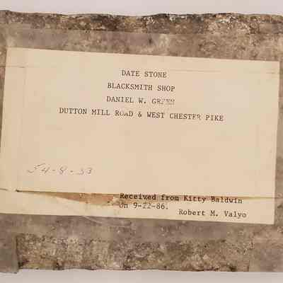 Date Stone 1877: Date Stone from Daniel W. Green's blacksmith shop; 1877. Dutton Mill Road and West Chester Pike.