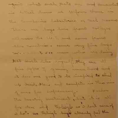 3b. Letter from Rulon J. Green (4/6): Sept 1 1907 Letter from Rulon J. Green mentioning his time spent in upstate New York (Schenectady, Albany, Amsterdam), running tests with machines for the United States and Japan. "Boys" from "colleges all over the U.S." are there. He asks to be remembered to Marguerite's sister and brothers. A section of the letter is in German; Sent from Schenectady, NY.