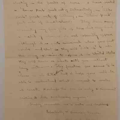 3b. Letter from Rulon J. Green (5/6): Sept 1 1907 Letter from Rulon J. Green mentioning his time spent in upstate New York (Schenectady, Albany, Amsterdam), running tests with machines for the United States and Japan. "Boys" from "colleges all over the U.S." are there. He asks to be remembered to Marguerite's sister and brothers. A section of the letter is in German; Sent from Schenectady, NY.