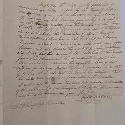 1. Letter from John T. Huddleston (3/3): Feb. 20th 1841 Letter from John T.  Huddleston [Whig Senator in Pennsylvania Senate who served in 1841 and represented Chester, Delaware, and Montgomery Districts] about the "Bill for the protection of insectivorous birds" being passed by the [Pennsylvania] House of Representatives and going to the Senate. Huddleston proposed an amendment to the bill to include the townships of Aston, Concord, Middletown, and Thornbury in Delaware County and Upper Hourr[?] Marion [Upper Marion?] in Montgomery County and hopes it meets Sharpless's approval and will remove the necessity for his petitioning. Huddleston also mentions the suspension of the "resumption law of last session" and the governor [David Rittenhouse Porter] intimating at vetoing all laws "favourable to the Banks"; sent from Harrisburg, PA to Ivy Mills, PA.