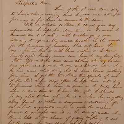 2. Letter from Pennell Sharpless (1/2): Feb. 17 1854 Letter from Pennell Sharpless addressed to "Respected Cousin" answering Abigail about her son Peter Worrall (b. 1833). He left Indianapolis to hunt in December promising to write, but had not so Pennell was unable to send Abigail's letters to him. Pennell mentions the dangers of the "western forrest" during winter, family news, and his intention to write to Abigail immediately when he hears from Peter; Sent from Indianapolis, IN.