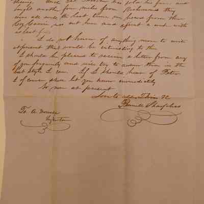 2. Letter from Pennell Sharpless (2/2): Feb. 17 1854 Letter from Pennell Sharpless addressed to "Respected Cousin" answering Abigail about her son Peter Worrall (b. 1833). He left Indianapolis to hunt in December promising to write, but had not so Pennell was unable to send Abigail's letters to him. Pennell mentions the dangers of the "western forrest" during winter, family news, and his intention to write to Abigail immediately when he hears from Peter; Sent from Indianapolis, IN.