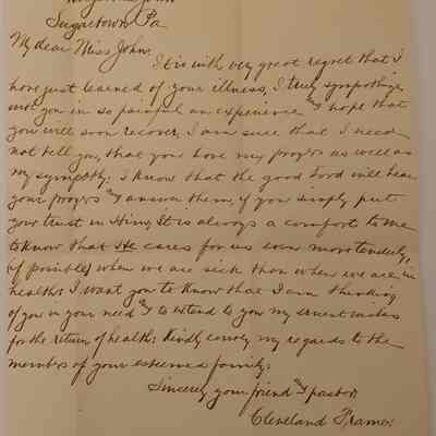 6. Letter from Cleveland Frame (1/2): Feb. 9, 1911 letter from Marguerite's pastor Cleveland Frame wishing her well with her illness and encouraging her to pray. This illness aligns with the sickness that prevented her from attending the sewing club meeting celebrating Helen H. mentioned in her Feb. 8, 1911 letter; sent from Malvern, PA.