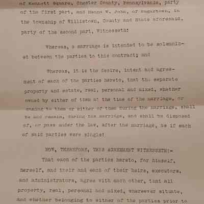 Ante-nuptial Contract, Hanna W John and J. Elwood Worrall 1915