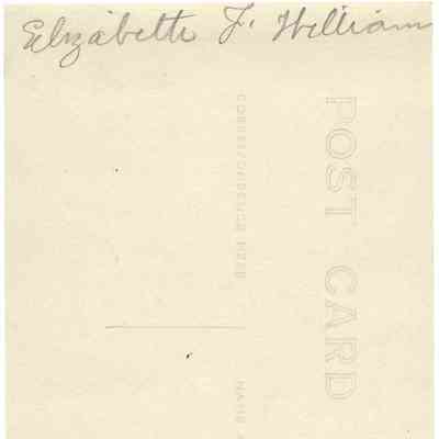 Elizabeth F. Williams (postcard): back of photograph - "Elizabette[?] F. William"

Stamp box design indicates 1904-1918

Divided back (the line) indicates production 1907 or after