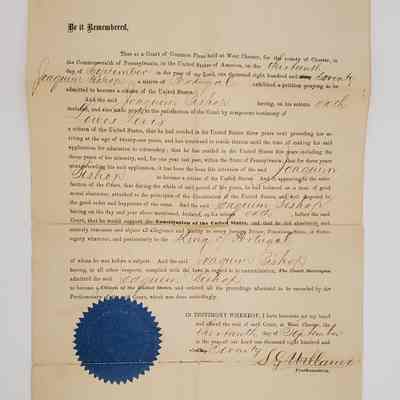 The Matlack and Bishop Family Collection; Joaquin Bishop American Citizenship certificate 1870