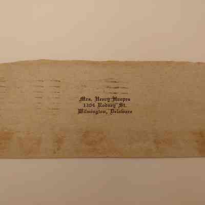 11. Letter from Mrs. Henry Hoopes (5/5): Attached "Mrs. Henry Hoopes 1304 Rodney St. Wilmington, Delaware" label

April 7, 1933 letter about John's Antique Shop; sent from Wilmington, DE.