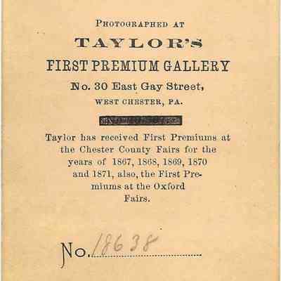 Ida Rodgers Stackhouse (1871-1872): back of photograph - "Ida Rodgers Stackhouse"

Taylor's First Premium Gallery Information

"No. 18638"