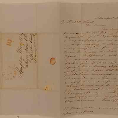 2. Letter from Angelina B. Taintor[?] (1/3): May 29 1851 Letter from Angelina B. Taintor[?] Addressed "Dear Cousin," asking whether a previous letter sent by her husband had reached him. She mentions receiving money from Sharpless and "uncle Pierce" and asks him to "write me a line" immediately when he receives this letter; sent from Shreveport, LA.