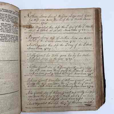 Garrett Family Manuscript Collection/The Lewis Family Bible [1765]: Pages after Apocrypha and before New Testament: Genealogy information for the Lewis and Garrett families
