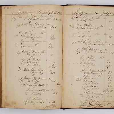 Hillery John Daybook 1885-1886: interior pages 554 and 555 of Daybook from July 9-10, 1885; a page randomly selected to show local name and their purchases. William William purchased two bottle of Pierces Pills