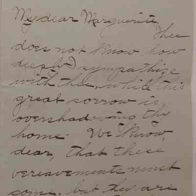 1b. Letter from Helen Hibberd (1/5): May 7th, 1904 Letter from Helen Hibberd expressing sympathy for the death of Marguerite John's father Hillery John (1845-1904); Sent from Malvern, PA.
