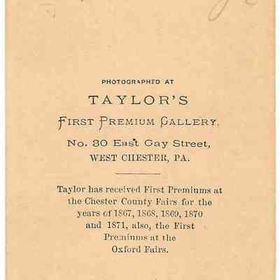 William Williams Jr.: back of photograph - "Wm Williams Jr" 
Taylor's First Premium Gallery Information, later cards include rewards for 1873 and after, indicating this card was produced between 1871 and 1873.
"No. 19788"