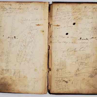 Daybook 1864-1868: inside cover of back pages. contains scribbles from previous book owner Preston Pratt and Daniel Green