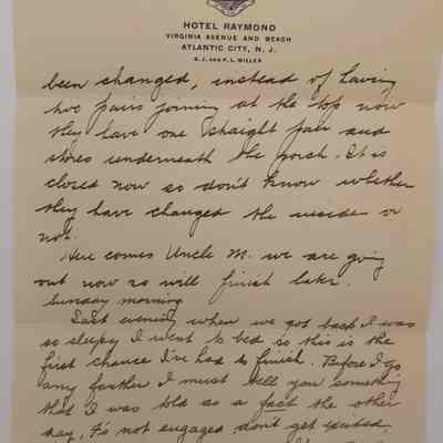 1d. Letter from Helen Hibberd (2/5): October 24th, 1908 Letter from Helen Hibberd about her trip to Atlantic City, mentioning it being her first time there without Marguerite along with some gossip; Sent from Atlantic City, NJ.