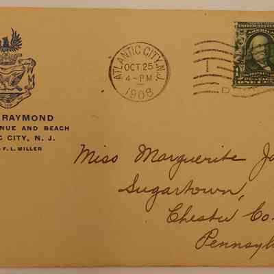 1d. Letter from Helen Hibberd (4/5): October 24th, 1908 Letter from Helen Hibberd about her trip to Atlantic City, mentioning it being her first time there without Marguerite along with some gossip; Sent from Atlantic City, NJ.