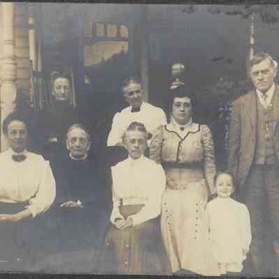 Local Families Photograph Collection/Group taken on Hall porch, Meadville PA 1909; Nora and Lewis Brown, Addie Beatty, Sarah Wilcox, Detta Hall, Mrs. Scott, Elwood and Amy Ida Glisson