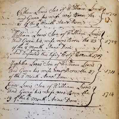 Garrett Family Manuscript Collection/The Lewis Family Bible [1765]: back pages of bible: Entries for birth and death dates for the Lewis family 1705-1714