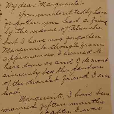 5. Letter from Blanche Morrison (1/8): Sept. 24, 1907 letter from Blanche Morrison indicating that it has been a while since her and Marguerite last spoke. She desires for Marguerite to meet her husband and baby. Her husband works on southern railway and is transferred often. They have lived in Alexandria, VA, Richmond, VA, and Columbia, SC in the past year. She asks for updates and mentions Helen Smedley and Marguerite's mother and sister; sent from Columbia, SC.