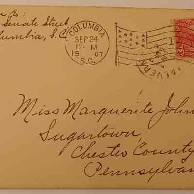 5. Letter from Blanche Morrison (8/8): Sept. 24, 1907 letter from Blanche Morrison indicating that it has been a while since her and Marguerite last spoke. She desires for Marguerite to meet her husband and baby. Her husband works on southern railway and is transferred often. They have lived in Alexandria, VA, Richmond, VA, and Columbia, SC in the past year. She asks for updates and mentions Helen Smedley and Marguerite's mother and sister; sent from Columbia, SC.