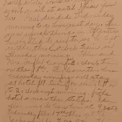 8. Copy of Letter to Mrs. H. W. John (1/6): Printed copy of a March 13, 1915 letter sent by Marguerite John to Mrs. H. W. John [Mrs. Hannah Worrall John, her mother]. The original is on display in the Carriage Museum. It describes her daily activities while on vacation in Florida, mentioning Helen, Paul, and several other names; Sent from Stuart, FL.