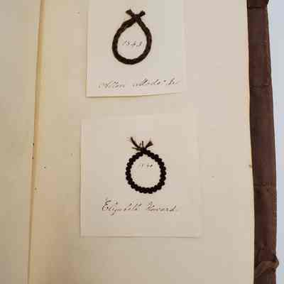 Amy Hall Williams Hair Album 1834-1844: Hair samples from: Allen Mode Jr. 1843 "cousin"; Elizabeth Howard 1840