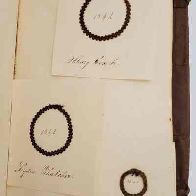 Amy Hall Williams Hair Album 1834-1844: Hair samples from: Mary Cox Jr. 1842; Lydia Thatcher 1842; Mary [?] Whislar 1841