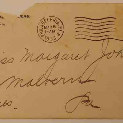 9. Letter from Mrs.[?] Young (3/4): March 5, 1933 Letter from Mrs.[?] Young inquiring about selling jewelry at John's Antiques Shop in Malvern; sent from Philadelphia, PA.