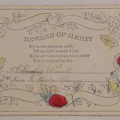 8. Rewards of Merit (1/6): School rewards of merit rewarded to two of Abigail Worrall's children, Abigail T. Worrall (b. 1846 d. 1857) and Charles T. Worrall (b. 1844 d. 1862).