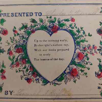 8. Rewards of Merit (2/6): School rewards of merit rewarded to two of Abigail Worrall's children, Abigail T. Worrall (b. 1846 d. 1857) and Charles T. Worrall (b. 1844 d. 1862).
