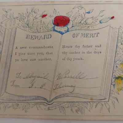 8. Rewards of Merit (3/6): School rewards of merit rewarded to two of Abigail Worrall's children, Abigail T. Worrall (b. 1846 d. 1857) and Charles T. Worrall (b. 1844 d. 1862).