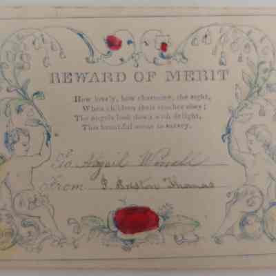 8. Rewards of Merit (4/6): School rewards of merit rewarded to two of Abigail Worrall's children, Abigail T. Worrall (b. 1846 d. 1857) and Charles T. Worrall (b. 1844 d. 1862).