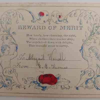 8. Rewards of Merit (5/6): School rewards of merit rewarded to two of Abigail Worrall's children, Abigail T. Worrall (b. 1846 d. 1857) and Charles T. Worrall (b. 1844 d. 1862).
