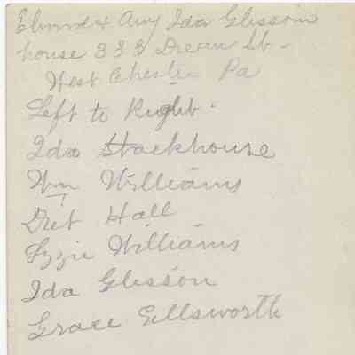 Elwood and Amy Glisson, house at 333 Dean St. Westchester PA (left to right): Ida Stackhouse, William Williams, DeEtta Hall, Lizzie Williams, Ida Glisson, Grace Ellsworth: back of photograph - "Elwood + Amy Ida Glisson house at 333 Dean St. Westchester Pa Left to Right - Ida Stackhouse, Wm Williams [Jr.], Det [meaning DeEtta] Hall, Lizzie [meaning Elizabeth] Williams, [Amy] Ida Glisson, Grace Ellsworth"