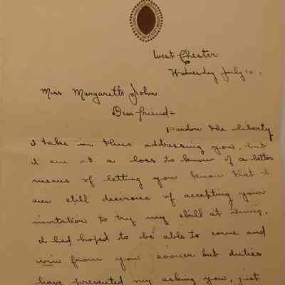 3a. Letter from Rulon J. Green (1/4): Wednesday July 10th, 1907[?] Letter from Rulon J. Green accepting an invitation to "try" his "skill at tennis" from Marguerite; Sent from West Chester, PA.