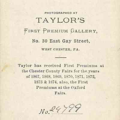 Amy H. Williams: back of photograph - "Amy H. Williams" 
Taylor's First Premium Gallery "No. 30 East Gay Street" Information
"No. 24799"