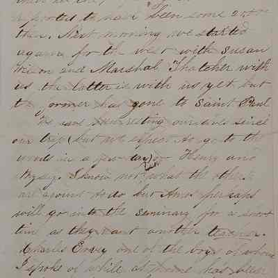 5. Letter from Peter Worrall 3 (2/3): Oct. 12 1856 Letter from Abigail Worrall's son Peter Worrall (b. 1833) describing his 10 day journey with friends from Chester County back to Red Wing, MN. He spent two days in Richmond, IN visiting friends and relatives and witnessing the largest Orthodox [Quaker] meeting he had ever been to, stating it was reported to have 20,000 attendees [Richmond, IN was a city settled by Quakers]. He went west with Marshall Thatcher and Susan Wilson. He provides general updates about his life and the lives of his friends in Minnesota; Sent from Red Wing, MN.