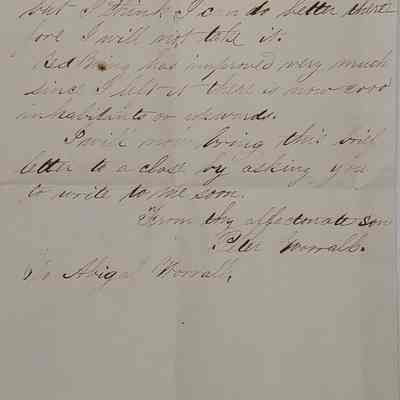 5. Letter from Peter Worrall 3 (3/3): Oct. 12 1856 Letter from Abigail Worrall's son Peter Worrall (b. 1833) describing his 10 day journey with friends from Chester County back to Red Wing, MN. He spent two days in Richmond, IN visiting friends and relatives and witnessing the largest Orthodox [Quaker] meeting he had ever been to, stating it was reported to have 20,000 attendees [Richmond, IN was a city settled by Quakers]. He went west with Marshall Thatcher and Susan Wilson. He provides general updates about his life and the lives of his friends in Minnesota; Sent from Red Wing, MN.