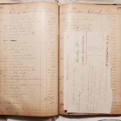 Daybook Two; 1874-1887: Entries for pages 176-177. Shown here are records for Eli Lewis and Piercon Cloud 1884. Note: archivist has removed paper from book and placed in folder. Items removed are dues for lodge membership