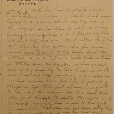 1f. Letter from Helen Hibberd (1/5): June 9th, 1910 Letter from Helen Hibberd describing her journey on a German vessel from New York to Europe. They will be stopping at the Azures, Gibraltar, and Naples, Italy. She mentions friends Helen Williams and Mary Williams and expresses thanks to Marguerite's mother; Sent from Gibraltar.