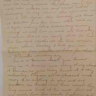 1f. Letter from Helen Hibberd (2/5): June 9th, 1910 Letter from Helen Hibberd describing her journey on a German vessel from New York to Europe. They will be stopping at the Azures, Gibraltar, and Naples, Italy. She mentions friends Helen Williams and Mary Williams and expresses thanks to Marguerite's mother; Sent from Gibraltar.