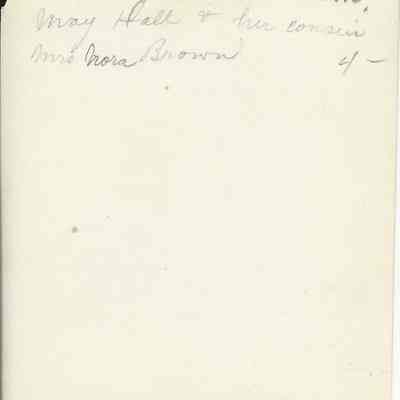 May Hall and her cousin Mrs. Nora Brown: back of photograph - "this is my [Conneant mash.]" May Hall and her cousin Mrs. Nora Brown