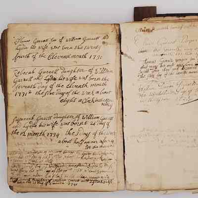 The Garrett Family Bible; The King James Holy Bible, circa 1642: Genealogy information for the Garrett Family: :Thomas Garrett, son of William Garrett and Lydia his wife was both the twenty-fourth of the eleventh month 1730. Rebecca Garrett daughter of William and Lydia his wife was born the seventh day of the eleventh month 1731, the first day of the week about eight o'clock in the morning. Susannah Garrett daughter of William Garrett and Lydia his wife was born twenty-sixth day of the twelfth month 1734 the third day of the week about half an our [sic] after 4 four in the morning..."