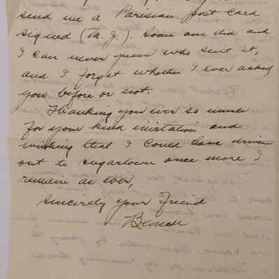 2e. Letter from J. Benson Darlington (4/6): August 14th, 1908 Letter from J. Benson Darlington mentioning his time as a hotel cashier in New York, an invitation to Marguerite to spend time with him in New York, his return to college in September, and sentimentality towards the past. "'Pete' Ogden" is mentioned; Sent from New York, NY.

On September 25, 1915, J. Benson Darlington married Phyllis Hoskins in West Chester at age 28 ("Marriages Groom Index 1885-1930 C-D", Chester County Archives and Records Services).