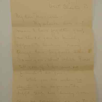 10. Letter from Elsie Jester (1/6): April 6, 1933 Letter from Elsie Jester, apologizing for money she owes and inquiring about her items at John's Antique Shop. She mentions badly wanting a job but jobs being found "not so easily"; sent from West Chester, PA.