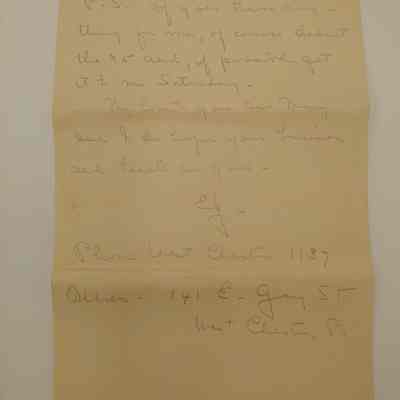 10. Letter from Elsie Jester (4/6): April 6, 1933 Letter from Elsie Jester, apologizing for money she owes and inquiring about her items at John's Antique Shop. She mentions badly wanting a job but jobs being found "not so easily"; sent from West Chester, PA.