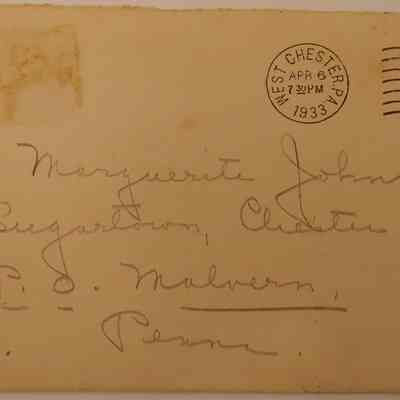 10. Letter from Elsie Jester (5/6): April 6, 1933 Letter from Elsie Jester, apologizing for money she owes and inquiring about her items at John's Antique Shop. She mentions badly wanting a job but jobs being found "not so easily"; sent from West Chester, PA.