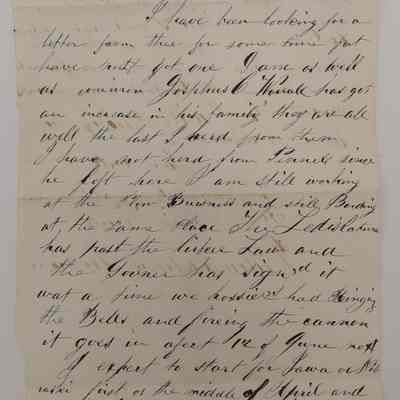 3. Letter from Peter Worrall 1 (1/3): Feb. 19 1855 Letter from Abigail Worrall's son Peter Worrall (b. 1833) describing his celebration of the [Indiana?] Legislature's passage of a law and his intentions to start for Iowa or Nebraska in April. Josephus[?] C. Worrall is mentioned; Sent from Indianapolis, IN.