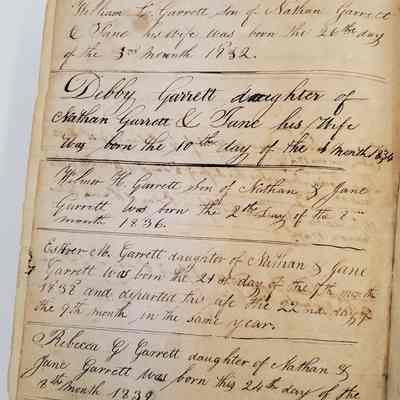Garrett Family Manuscript Collection/The Lewis Family Bible [1765]: back pages of bible: Birth and death dates for the Lewis and Garrett families 1832-1839. "William Garrett son of Nathan and Jane his wife was born the 26th day of the 3rd month 1832..."
