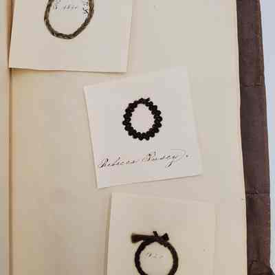 Amy Hall Williams Hair Album 1834-1844: Hair samples from: Thomas Hall Sr. 1840 "father"; Rebecca Posey; Susanna Hall Jr. 1840 "cousin".